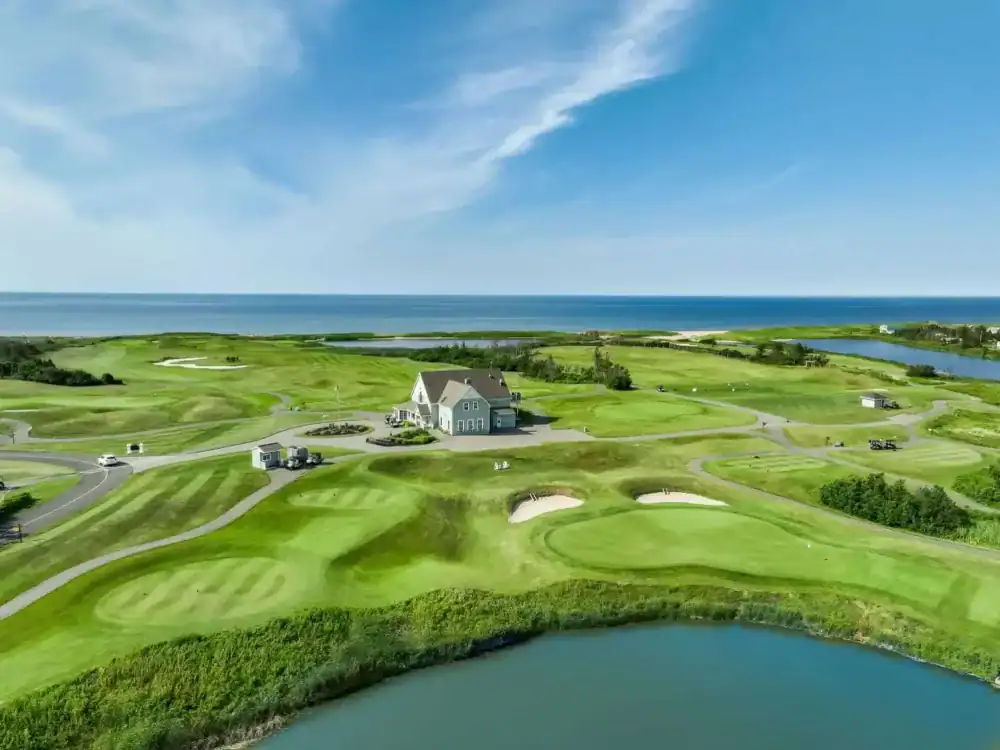 Aerial view of the Links at Crowbush Cove beside the ocean in Prince Edward Island