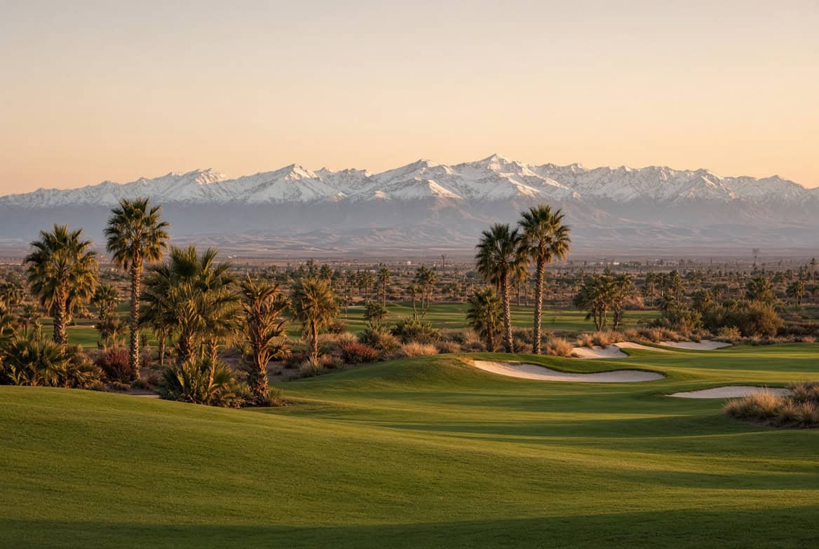 Golf course with palm trees and mountains in Morocco
